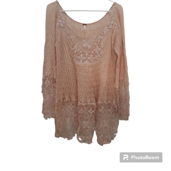 Free People Tops - RARE Free People Crochet Blouse/Top/Sweater/Tunic Pink/Blush Sz Large